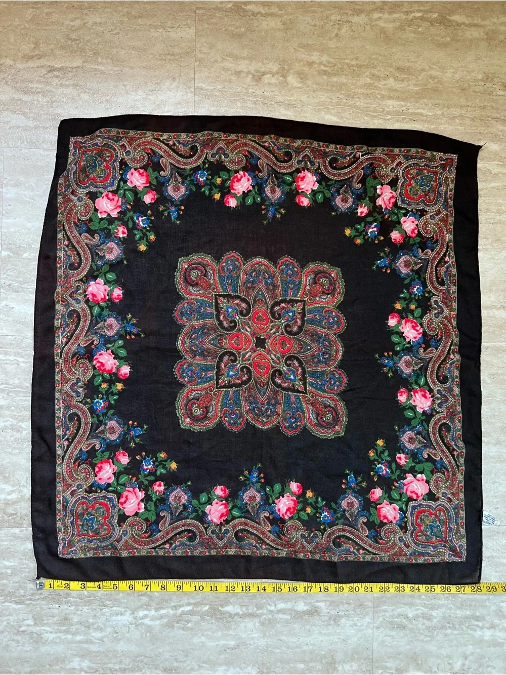 Floral Paisley Square Scarf - Black with Pink Roses Acrylic Made in Japan 29 sq